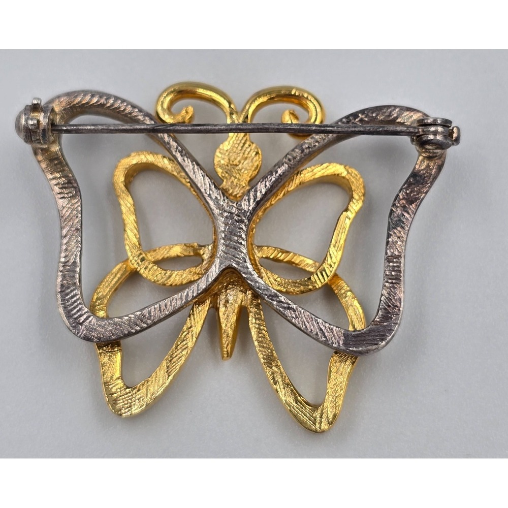 Vintage Two-Tone Butterfly Brooch Gold and Silver Tone Openwork Pin 1.5" - Picture 3 of 6